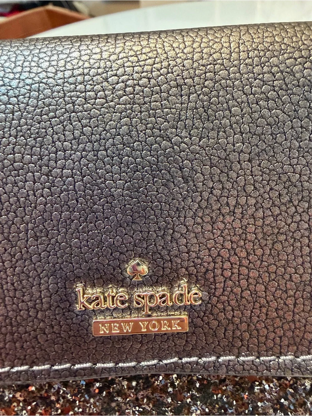 #792 kate spade Metallic Charcoal Pebbled Leather Phone Pouch with Glitter Trim